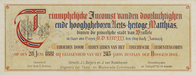 29165 Titelblad van de maskerade van de studenten van het Utrechtsch Studenten Corps op 28 juni 1881, ter gelegenheid ...
